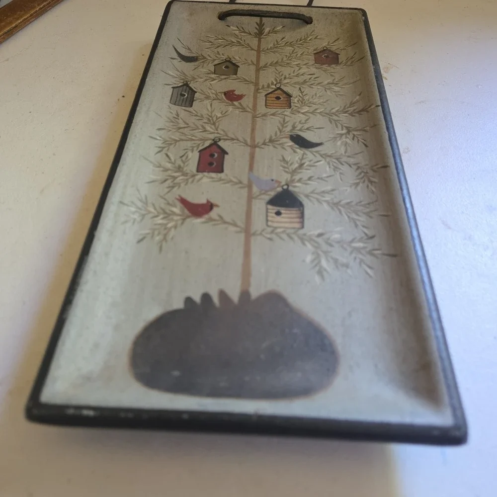 Donna White Birdhouse Birds Hand Painted Wall Hanging Wooden Tray Folk Art Tree